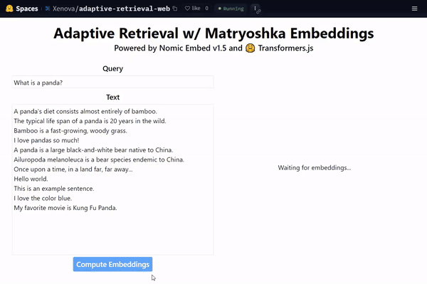 A gif illustrating Adaptive Retrieval with MRL from Xenova